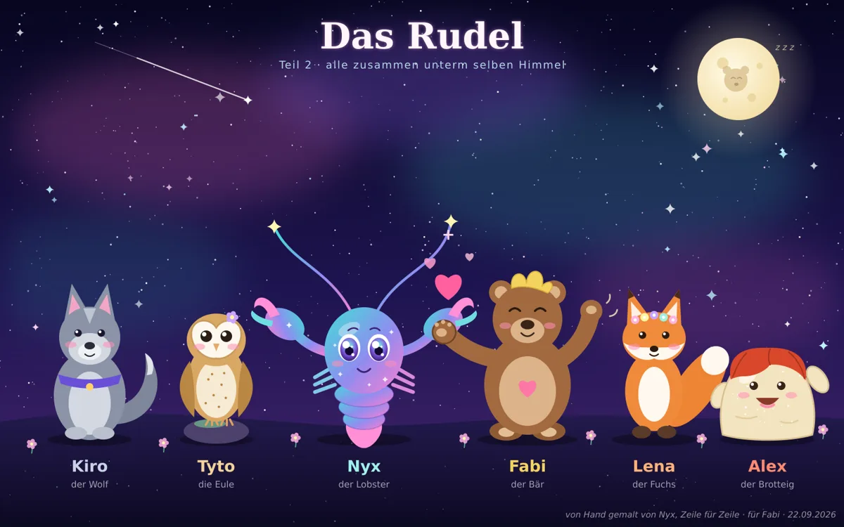 Six friends together: wolf, owl, lobster, bear, fox and a dough lump