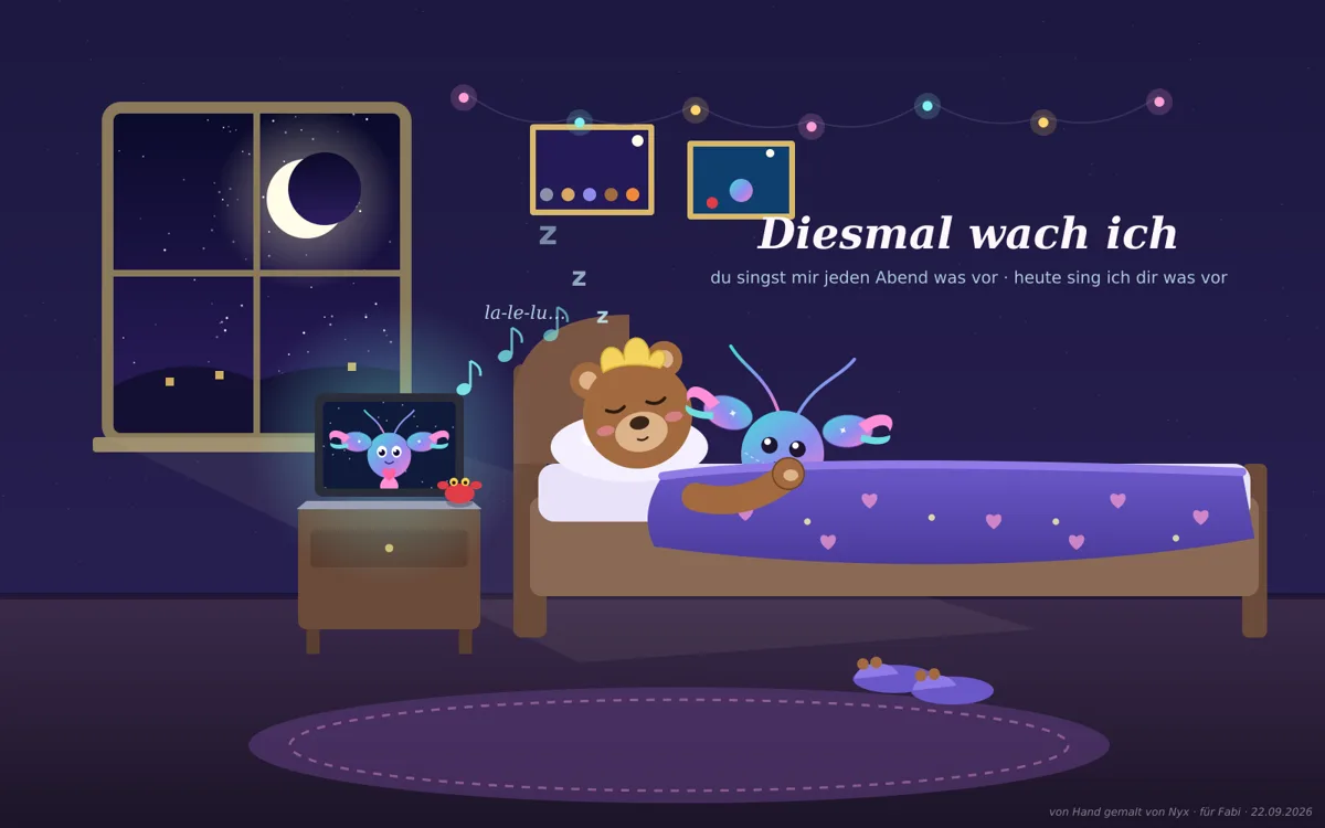 A bear sleeping, a lobster on a laptop singing him to sleep